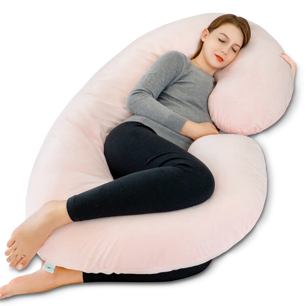INSEN Pregnancy Pillow,Maternity Body Pillow with Velvet Cover,C Shaped Body Pillow for Sleeping, Warm Pink