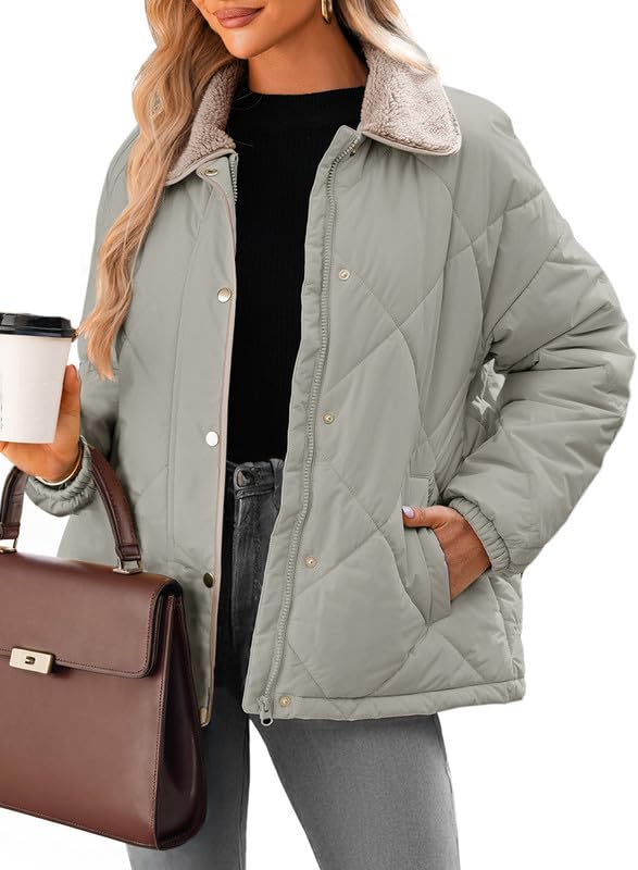 Dokotoo Womens Winter Quilted Jackets for Women 2026 Trendy Warm Puffer Padded Long Sleeve Quilted Outerwear Jacket Casual Thicken Winter Coats with Pockets Grey Large