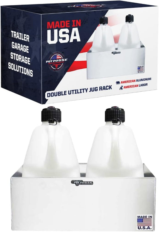 Pit Posse 430 Utility Fuel Jug Holder Rack - Fits 2 5 Gallon Jugs -Made in USA- Aluminum Storage Organizer - Use at Your Shop/Garage/Enclosed Race Trailer - Anti Rust