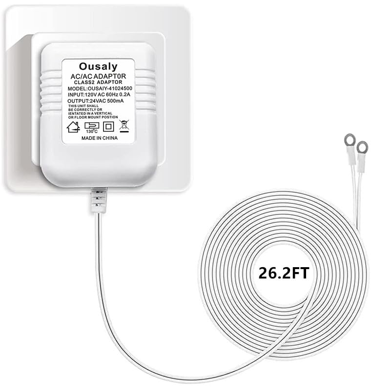Ousaly Doorbell Power Adapter, 24V Transformer Compatible with Ring Doorbell,Video Doorbell,Nest, Ecobee, Sensi and Honeywell Thermostats, 24 Volt 500mA C-Wired AC Plug in Cord,C Wire Adapter 26.2FT