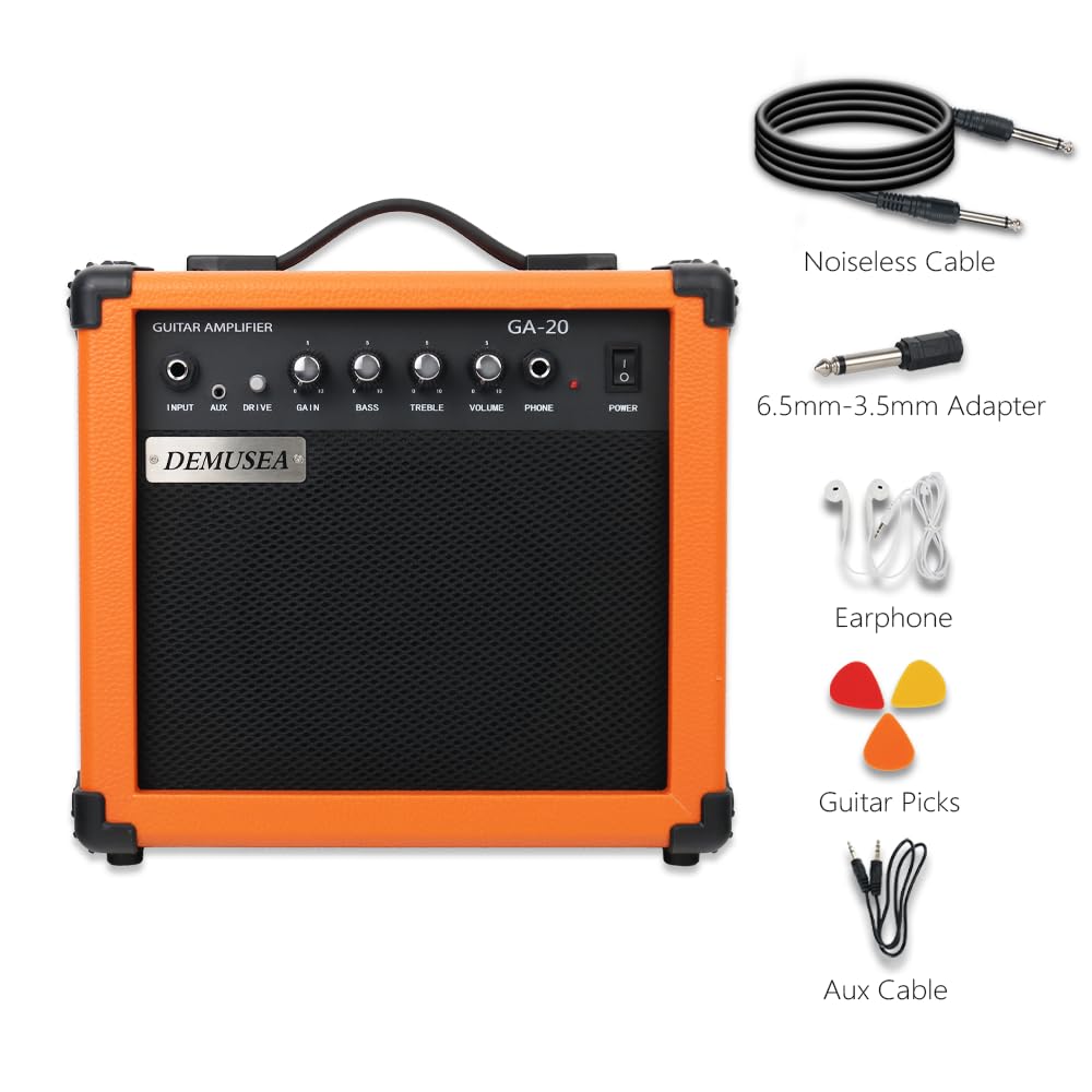 Demusea Electric Guitar Amplifier 20w Guitar amp Orange Color Portable Travel amp Drive gain bass Treble Volume Headphone for Beginner Practice 3m noiseless Cable Pick Adapter Earphone aux Cable in