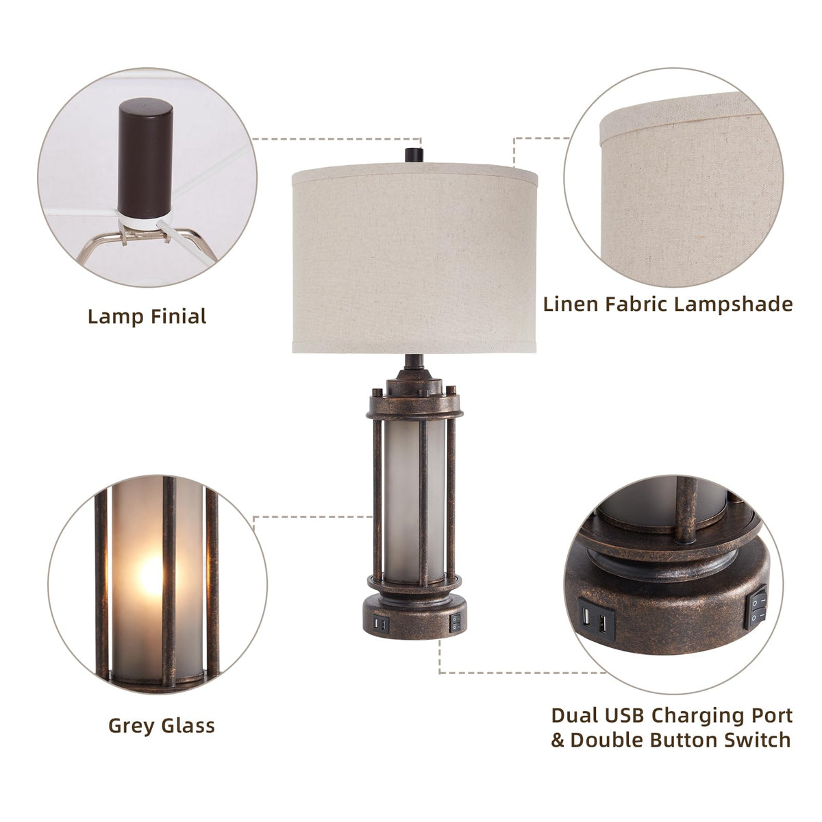 AIEAMPDO 25" Farmhouse Lamps for Living Room with 2 USB C+A Ports