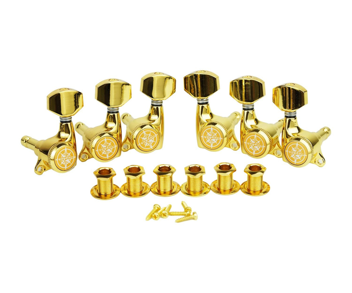 Guyker 6Pcs Guitar Locking Tuners (3L + 3R Handed) - 1:18 Ratio Lock String Tuning Key Pegs Machine Heads with Hexagonal Handle Replacement for LP SG Style Electric, Folk or Acoustic Guitars- Gold