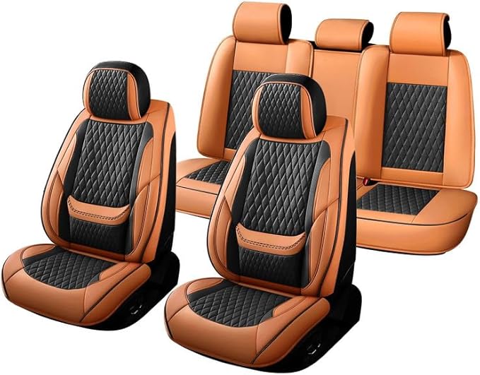 Car Seat Covers Full Set Custom Fit for Saturn Aura 2006-2009 - Premium Faux Leather with Lumbar Support | Breathable, Waterproof, Anti-Slip, Durable (Black&Brown,Full Set)