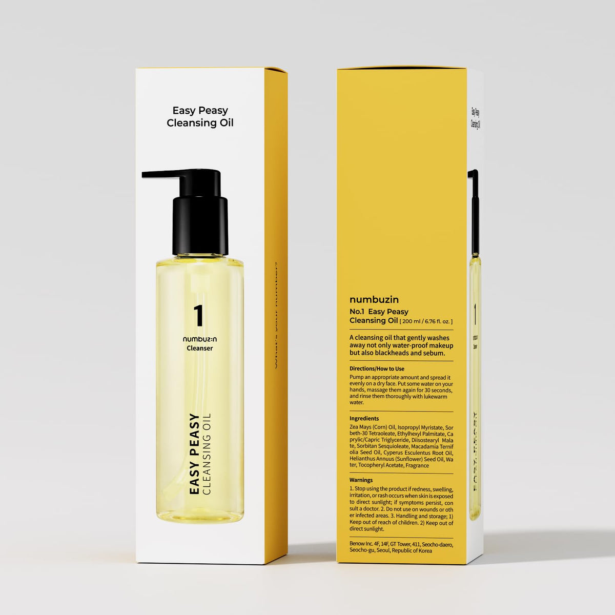 numbuzin No.1 Easy Peasy Cleansing Oil, Lightweight Makeup Remover & Facial Cleanser, Waterproof Makeup & Blackhead Care, Corn & Macadamia Seed Oil, Fragrance-Free, 6.76 fl oz