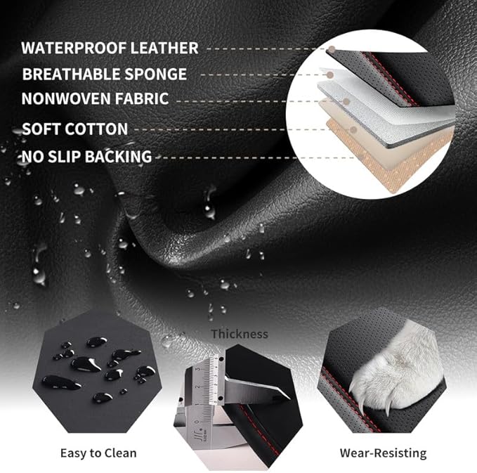 Car Seat Covers Full Set Custom Fit for Ford Taurus 1999-2018-Luxury Leather with Lumbar Support, Breathable, Waterproof, Anti-Slip, Durable, Easy to Install (Black&Red,Full Set)