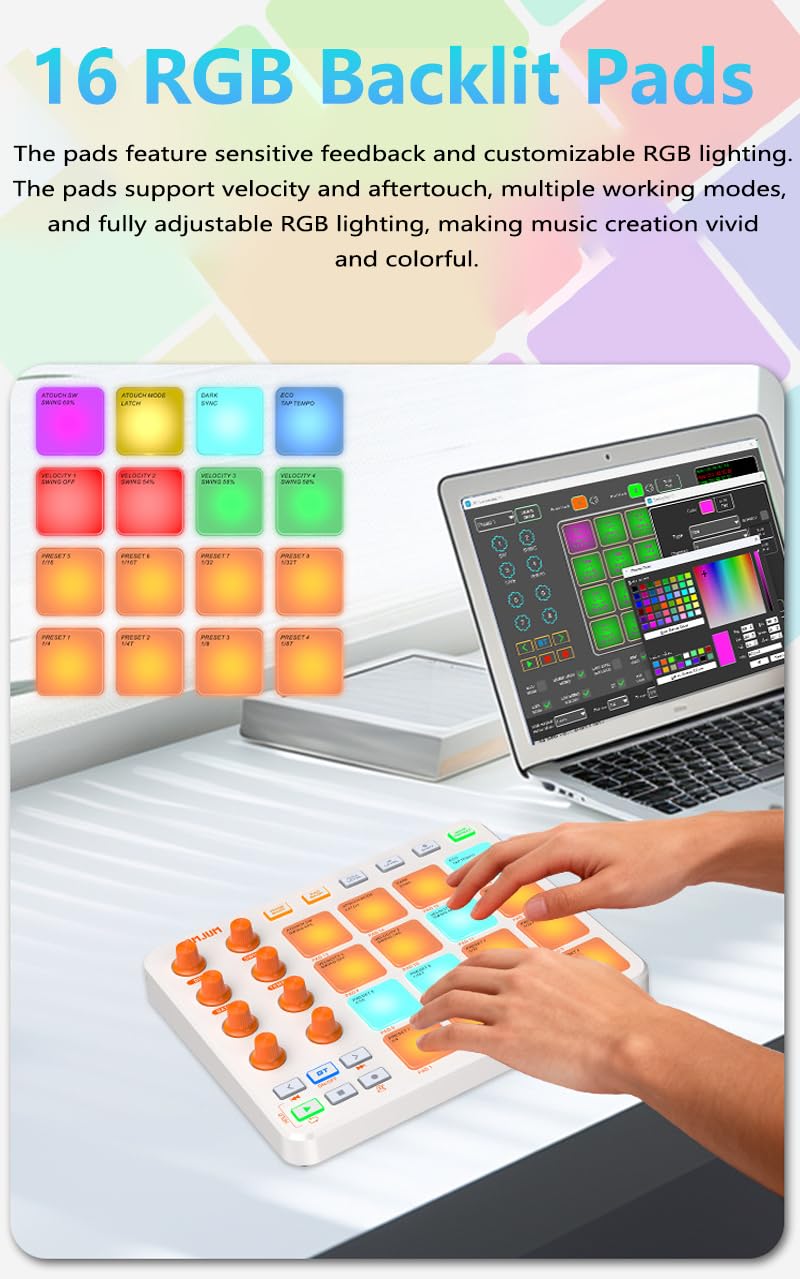 Wireless MIDI Controller Pads, Bluetooth Portable USB with 16 Drum 8 Assignable Knobs & 6 Customizable Buttons, Wireless MIDI Beat Maker