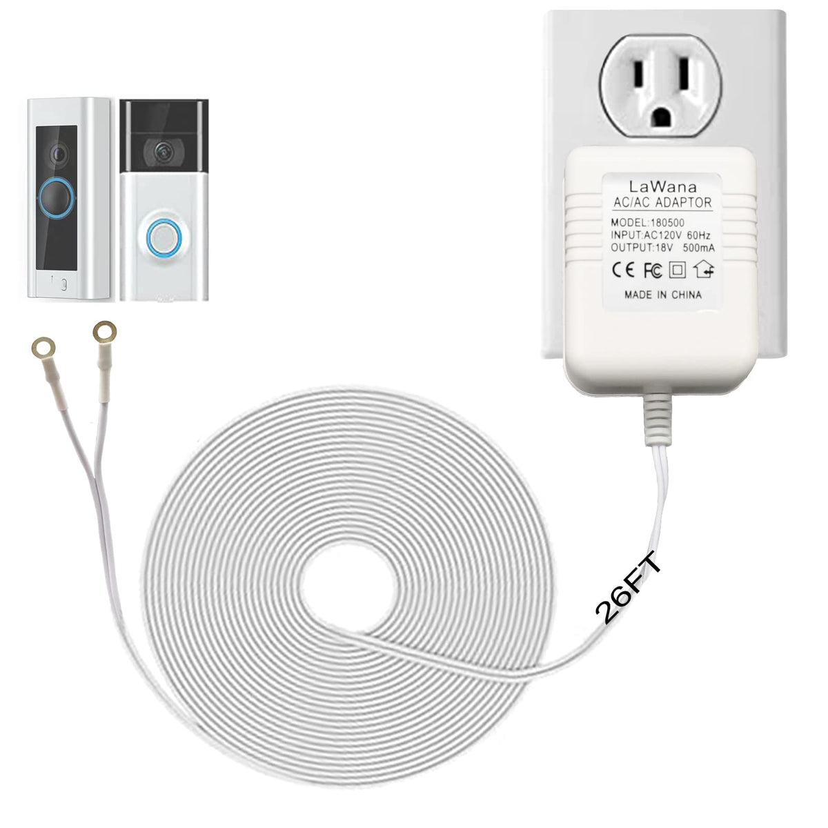 26FT Charging Cable18V500mA Doorbell Power Adapter for Video Doorbells, Ring Video Doorbell Pro and Ring Video Doorbell 2, Transformer Compatible with Zmodo Smart Doorbell and Nest Hello Doorbell