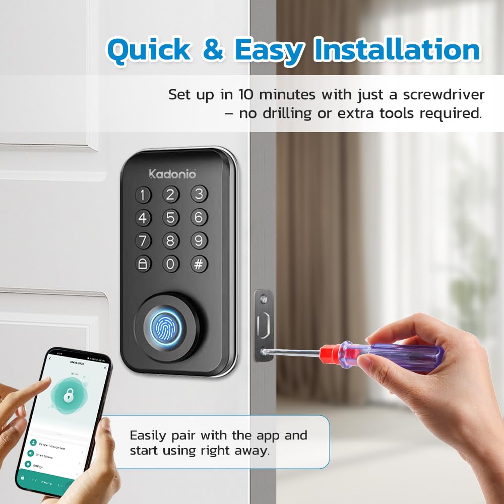 Keyless Entry Smart Lock, Fingerprint Deadbolt with App Control, Auto Lock, IP56 Weatherproof, 8-Month Battery, Easy Installation, Matte Black