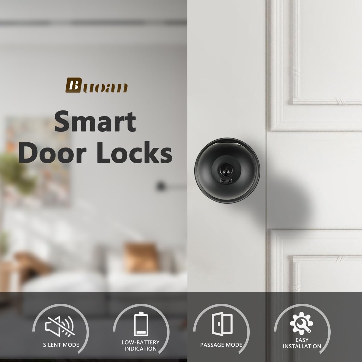 Buoan Fingerprint Door Knob, Smart Fingerprint Door Knob with Lock, Black