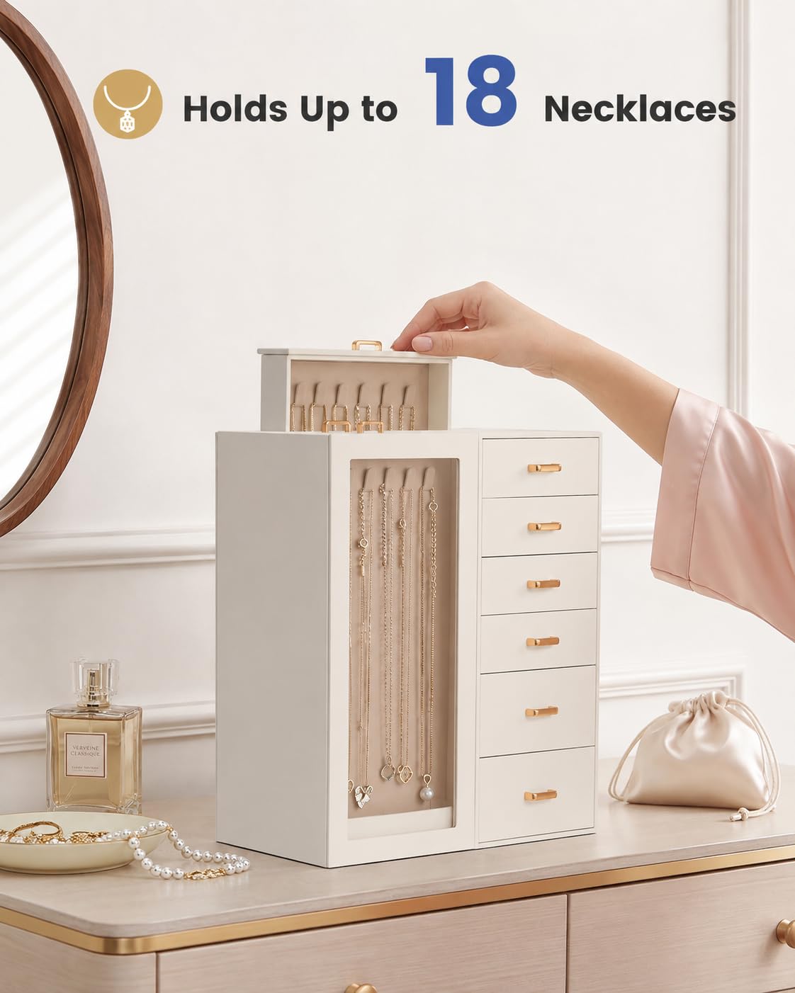 Lolalet Large Jewelry Box Organizer for Women, PU Leather Jewelry Case with Necklace Holder & Multiple Drawers, Tabletop Dresser Storage for Earrings Rings Chains, Gift for Girls -M, Beige