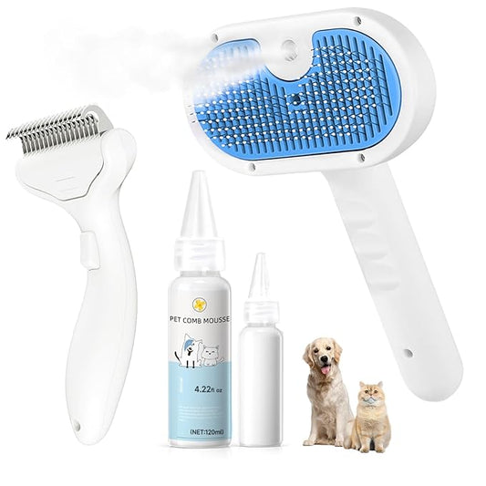 Pet Steam Brush for Dog & Cat - 3-in-1 Steam Grooming Brush for Shedding - Self Cleaning Spray Comb with Mist for Long Haired Pets - Includes Waterless Shampoo & undercoat rake, Blue