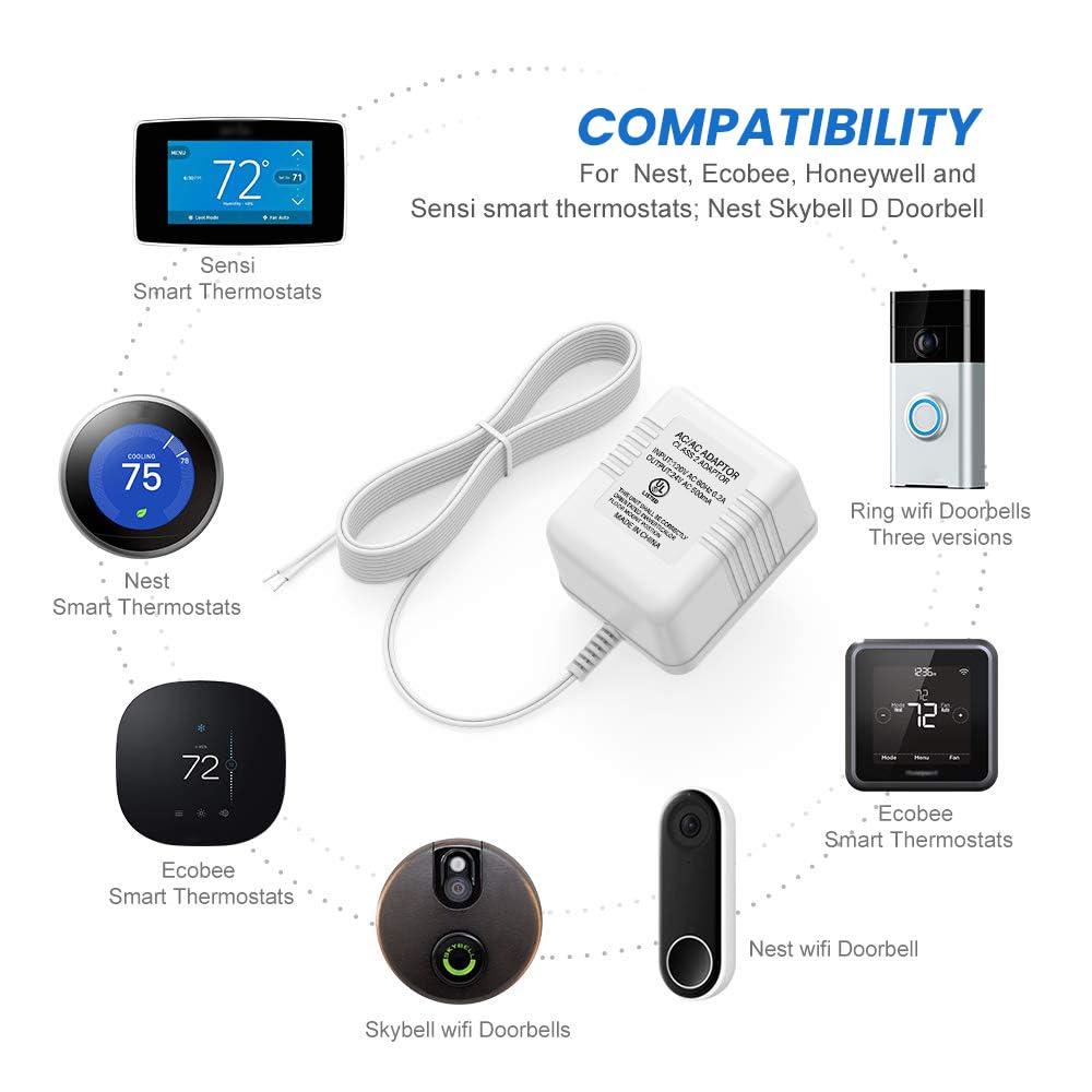 26ft 24V 500mA Doorbell Transformer Compatible with All Ring Versions, Nest, Arlo, Amcrest, Logitech, Wyze, Eufy Doorbells, Thermostats C Wire for Nest, Honeywell, Ecobee, Sensi (UL Certified)