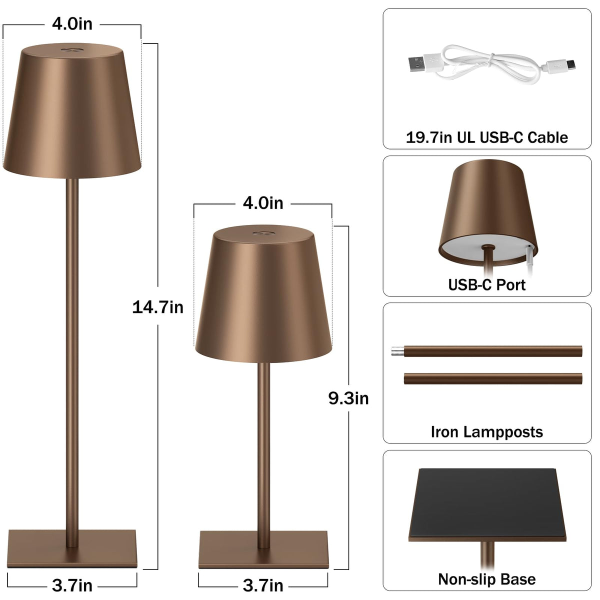 Kakanuo Brown Cordless Rechargeable Table Lamp, 2 Pack Portable Desk Lamp with 5000mAh Battery, Touch Control Stepless Dimming, for Dining, Outdoor Camping, Coffee Shop