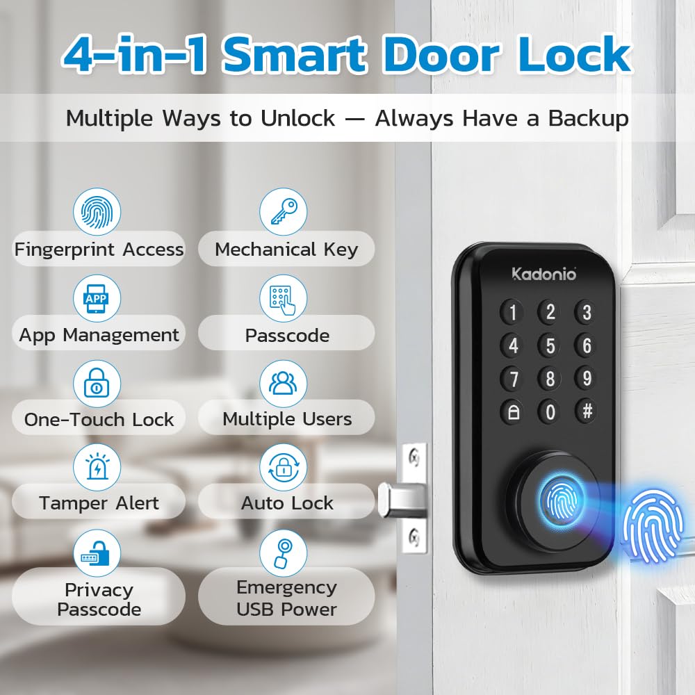 Keyless Entry Smart Lock, Fingerprint Deadbolt with App Control, Auto Lock, IP56 Weatherproof, 8-Month Battery, Easy Installation, Matte Black