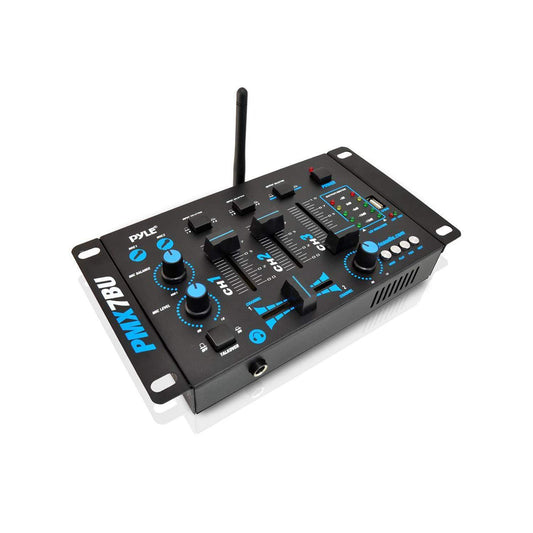 Pyle Wireless DJ Audio Mixer - 3 Channel Bluetooth Compatible DJ Controller Sound Mixer, Mic-Talkover, USB Reader, Dual RCA Phono/Line In, Microphone Input, Headphone Jack, Black - PMX7BU