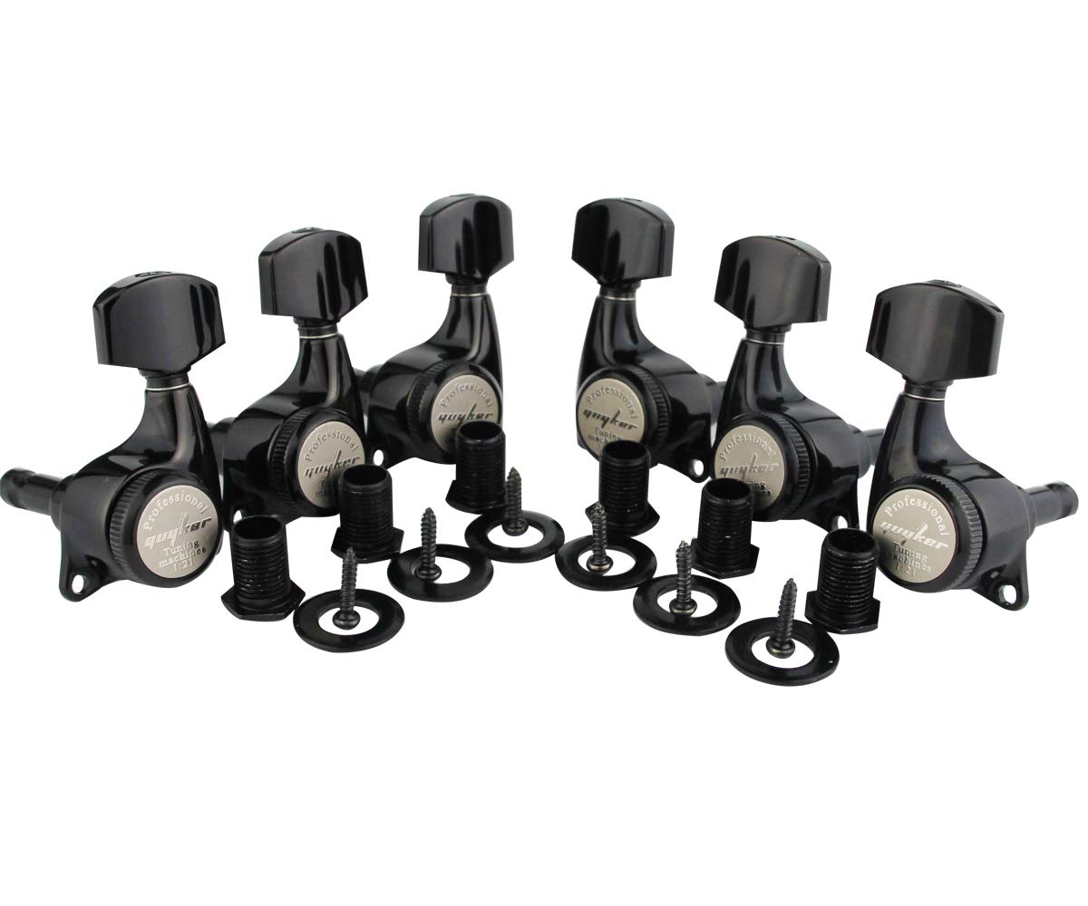 Guyker 6Pcs Guitar Locking Tuners (3L + 3R Handed) - 1:21 Ratio Lock String Tuning Key Pegs Machine Heads with Hexagonal Handle Replacement for LP SG Style Electric, Folk or Acoustic Guitars - Black