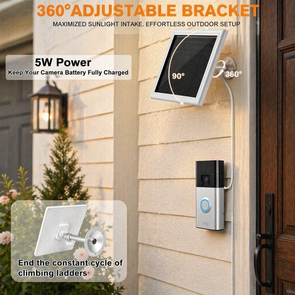 5W/5V Solar Panel for Ring Video Doorbell (2nd Gen - 2020 Release), Solar Charger for Ring Video Doorbell With Micro-USB Port, IP65 Waterproof, 360° Adjustable Stainless Steel Mount, 16.4ft Cable
