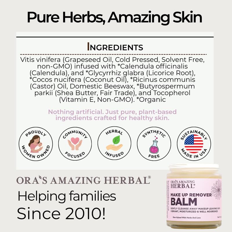 Ora's Amazing Herbal Makeup Remover Balm, Calendula Cleansing Balm with Licorice Root, Make Up Remover, Fragrance Free Skincare, Plant Based Makeup Melt, 4 oz