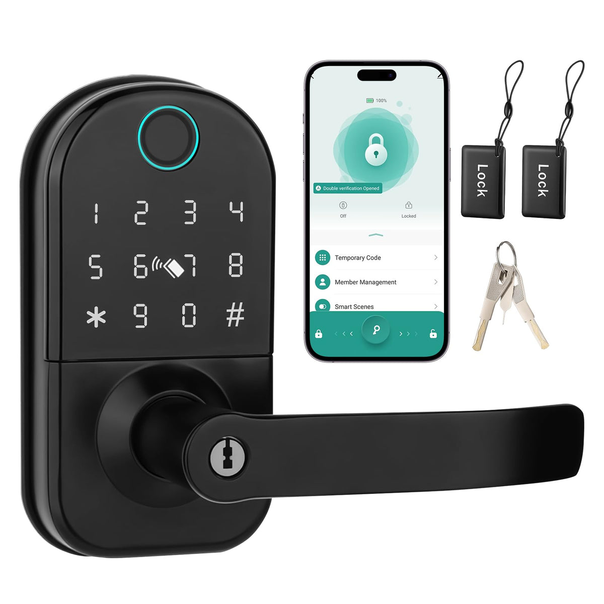 GUSEI Keyless Entry Fringerprint Smart Matter Biometric Door Deadbolt Lock with Handle, 5-in-1 Keypad Digital Electronic Matter Lock with Code,App,Card and Keys for Bedroom Front Officce Doors