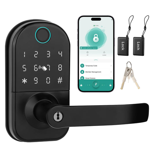 GUSEI Keyless Entry Fringerprint Smart Matter Biometric Door Deadbolt Lock with Handle, 5-in-1 Keypad Digital Electronic Matter Lock with Code,App,Card and Keys for Bedroom Front Officce Doors