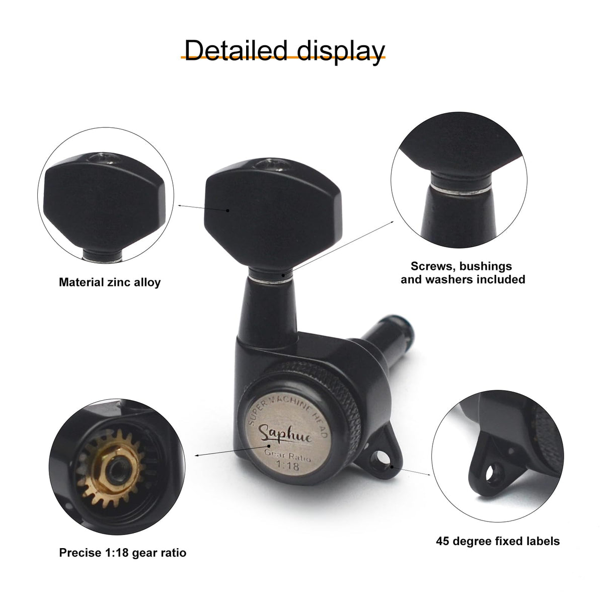 SAPHUE Guitar Locking Tuners 1:18 Lock String Tuning Key Pegs Machine Head with Hexagonal Handle Replacement for Electric Folk or Acoustic Guitars (Black)