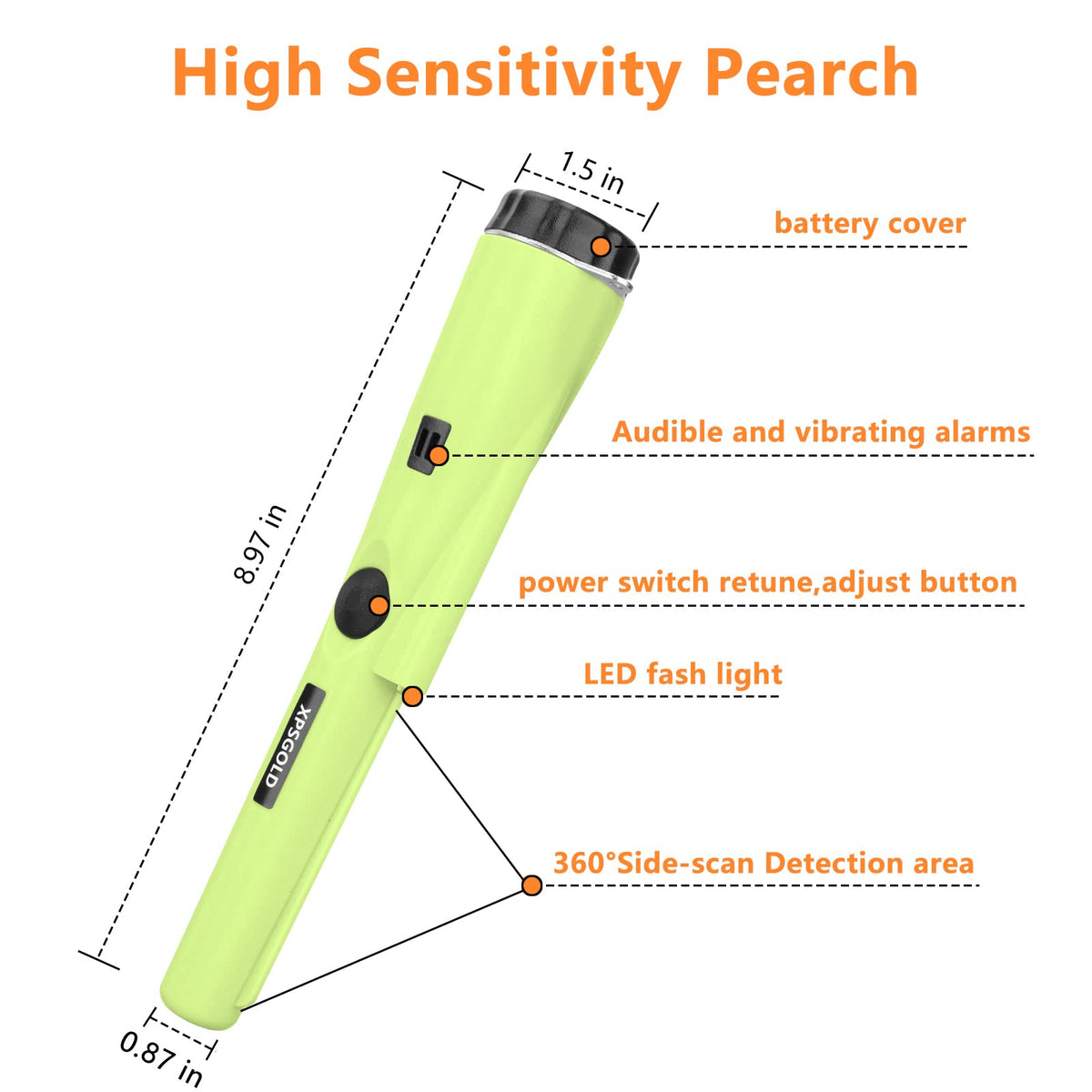 XPSGOLD Metal Detector Pinpointing,Waterproof Pinpointer 360 Degree Search Gold&Treasure Finder with Belt Holster &LED Indicator& Buzzer Vibration, for Adults and Kids(Green)