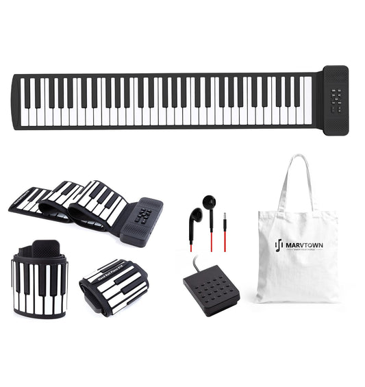 MARVTOWN 61Key Portable Small Roll Up Piano Keyboard For Kids,Foldable Flexible Electric Keyboard Piano with HIFI Speaker,14 Demo Songs,128 Tones,Earphones,USB-C Charging Best Gift For Beginner Travel