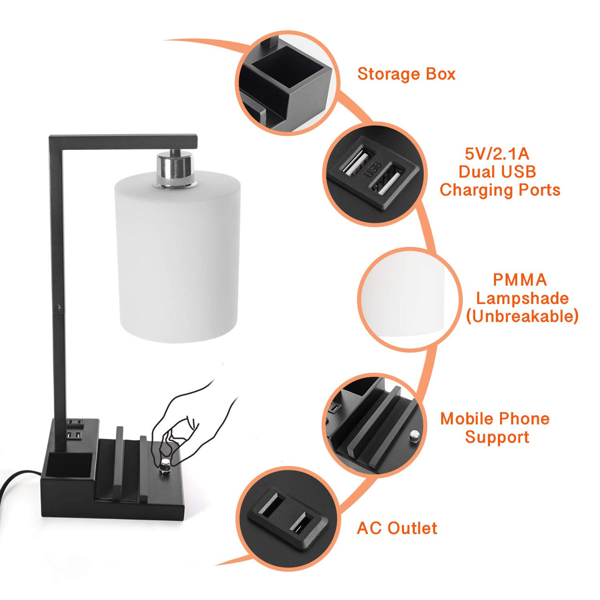 Bedroom Lamps for Nightstand, 3 Color Temperature Nightstand Lamp Bedside Lamps with Dual USB Ports and Outlet, Modern Table Lamp Built-in Pen Holder & Phone Stands, Energy Saving LED Bulb Included
