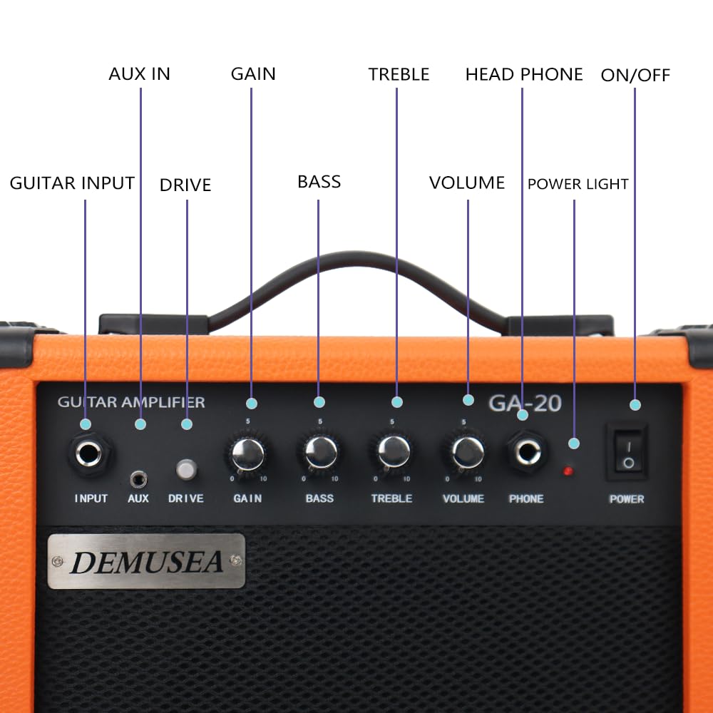 Demusea Electric Guitar Amplifier 20w Guitar amp Orange Color Portable Travel amp Drive gain bass Treble Volume Headphone for Beginner Practice 3m noiseless Cable Pick Adapter Earphone aux Cable in