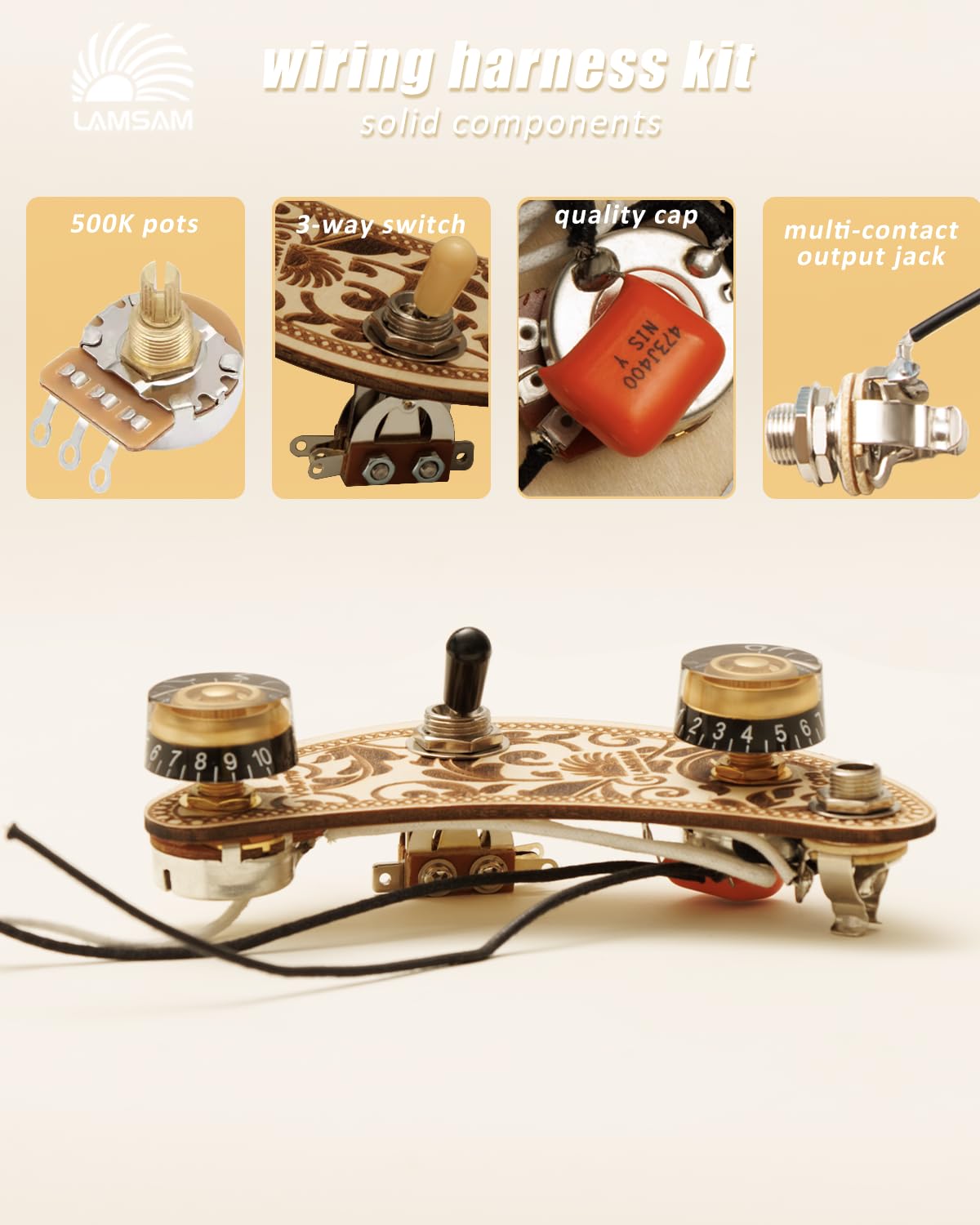 LAMSAM Prewired Wiring Harness Kit for Epiphone SG Special II Style Electric Guitars, Brass Shaft Full Size 500K Potentiometers, Orange Capacitor, 3-Way Toggle Switch, Mono Output Jack (Black/Gold)