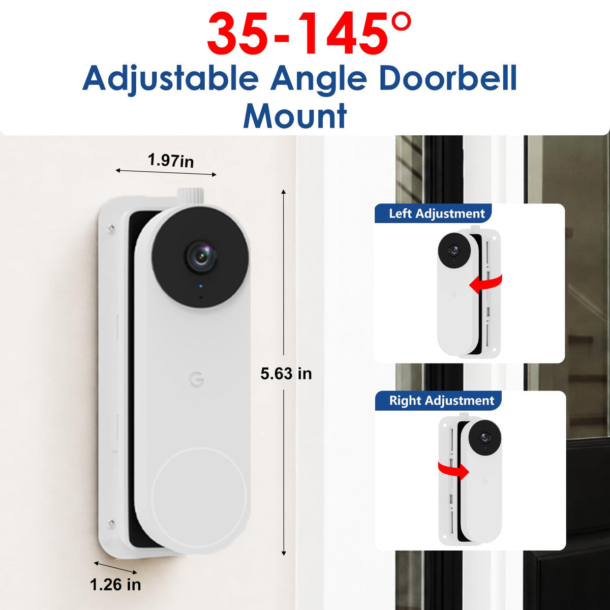 No Drill Doorbell Mount for Google Nest Doorbell Wired(3rd/2nd Gen)/Google Nest Hello Doorbell, 45° Left & Right Adjustment Angel Door Bell Wedge Mount for Apartment, No Drill Mounting Bracket-White