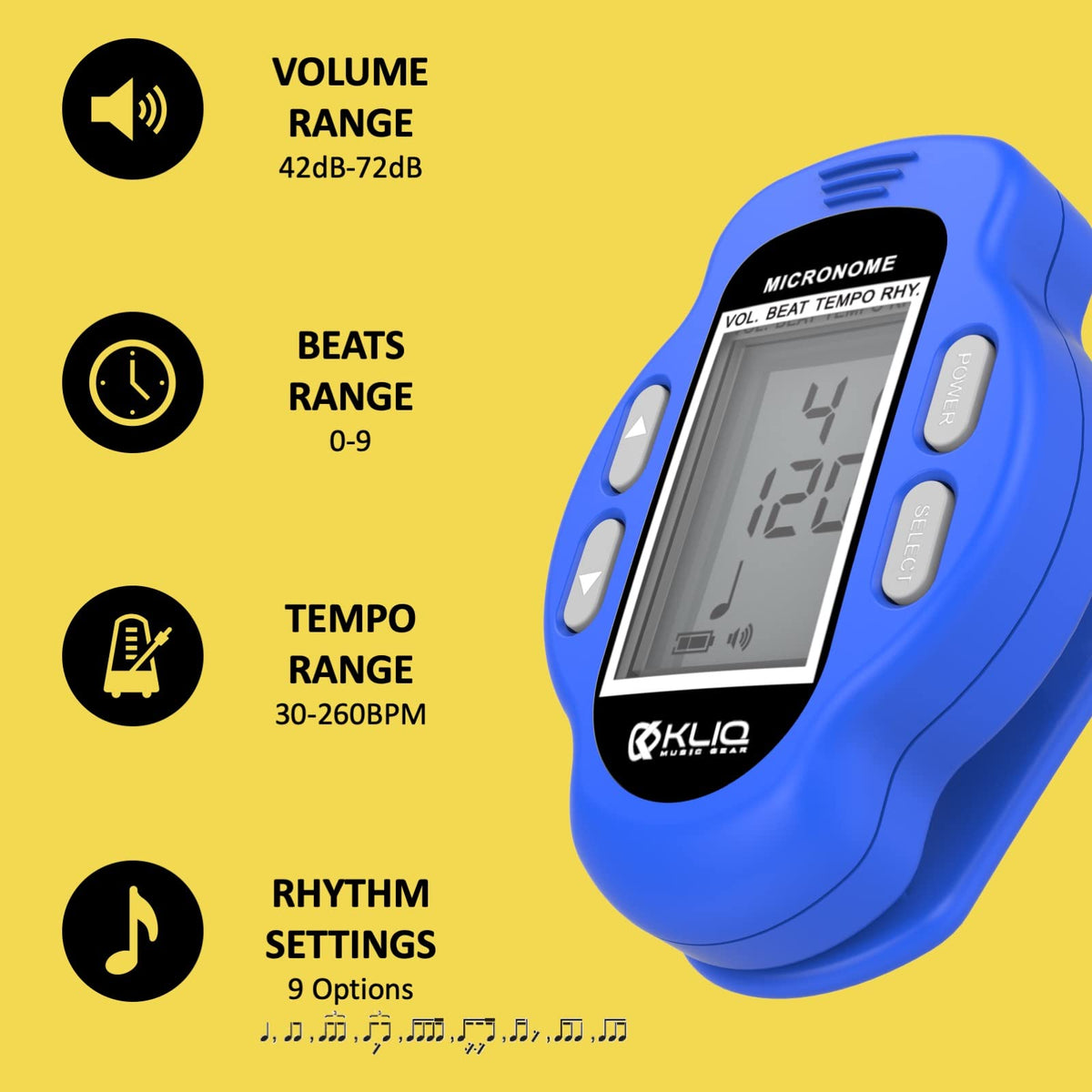 KLIQ MicroNome - Mini Rechargeable Digital Metronome - with Speaker (Digital Volume, Beat and Tempo Adjustment) Designed for use with Piano, Guitar, Saxophone, Flute, Violin, Drum (Blue)