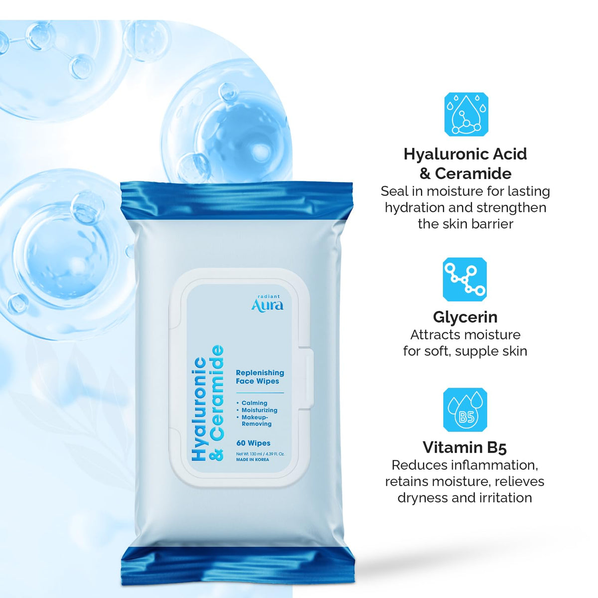 Radiant Aura Hyaluronic Acid & Ceramide Face Wipes – Dermatologist Tested, Anti-Aging, Korean Skin Care – Removes Makeup, Deep Hydration, Strengthens Skin Barrier – Vegan, Clean Beauty – 60 Count