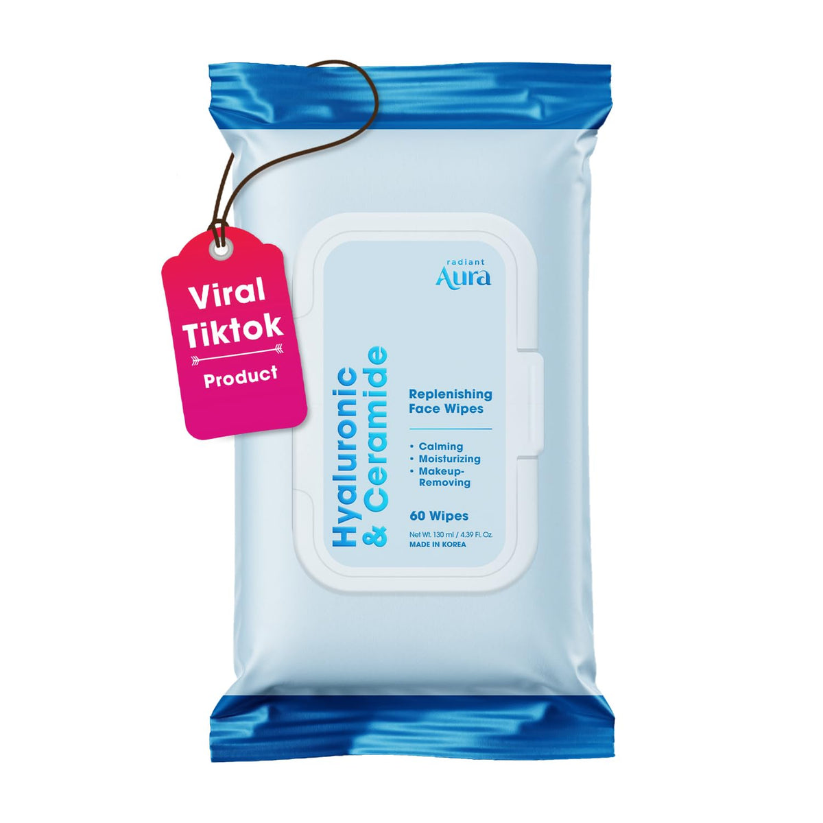 Radiant Aura Hyaluronic Acid & Ceramide Face Wipes – Dermatologist Tested, Anti-Aging, Korean Skin Care – Removes Makeup, Deep Hydration, Strengthens Skin Barrier – Vegan, Clean Beauty – 60 Count