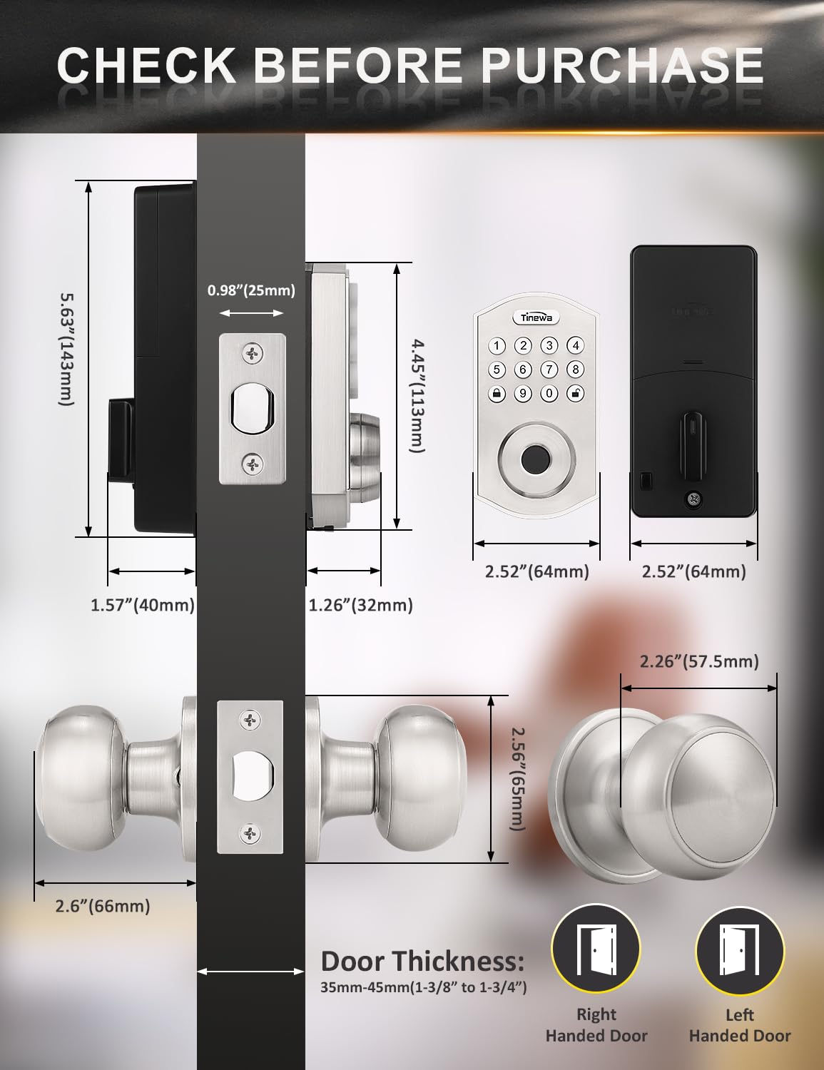 Tinewa Smart Locks for Front Door - Satin Nickel Keyless Entry Door Lock with Flat Ball Door Knobs, Electronic Digital Keypad Deadbolt with Fingerprint, APP Control, Easy Installation, Home Security