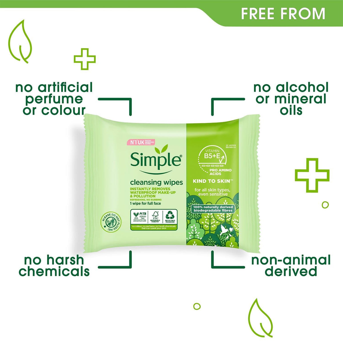 Simple Sensitive Skin Experts Kind To Skin Cleansing Facial Wipes, Waterproof Mascara Remover, Even Softer, 25 Count, (4 Pack)