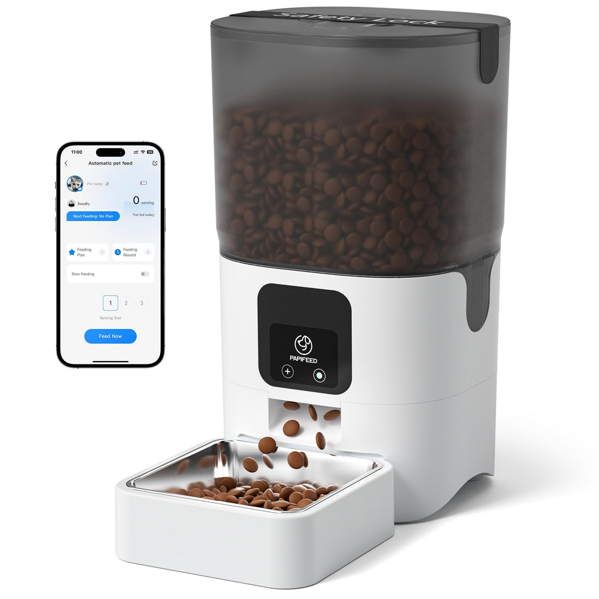 PAPIFEED Automatic Cat Feeder with App, WiFi Auto Cat Feeder, 6L Slow-Feed Cat Food Dispenser for Dry Food, Dual Power Supply Timed Pet Feeder for Small Dog, 10 Meals/Day, 12 Portions/Meal, White