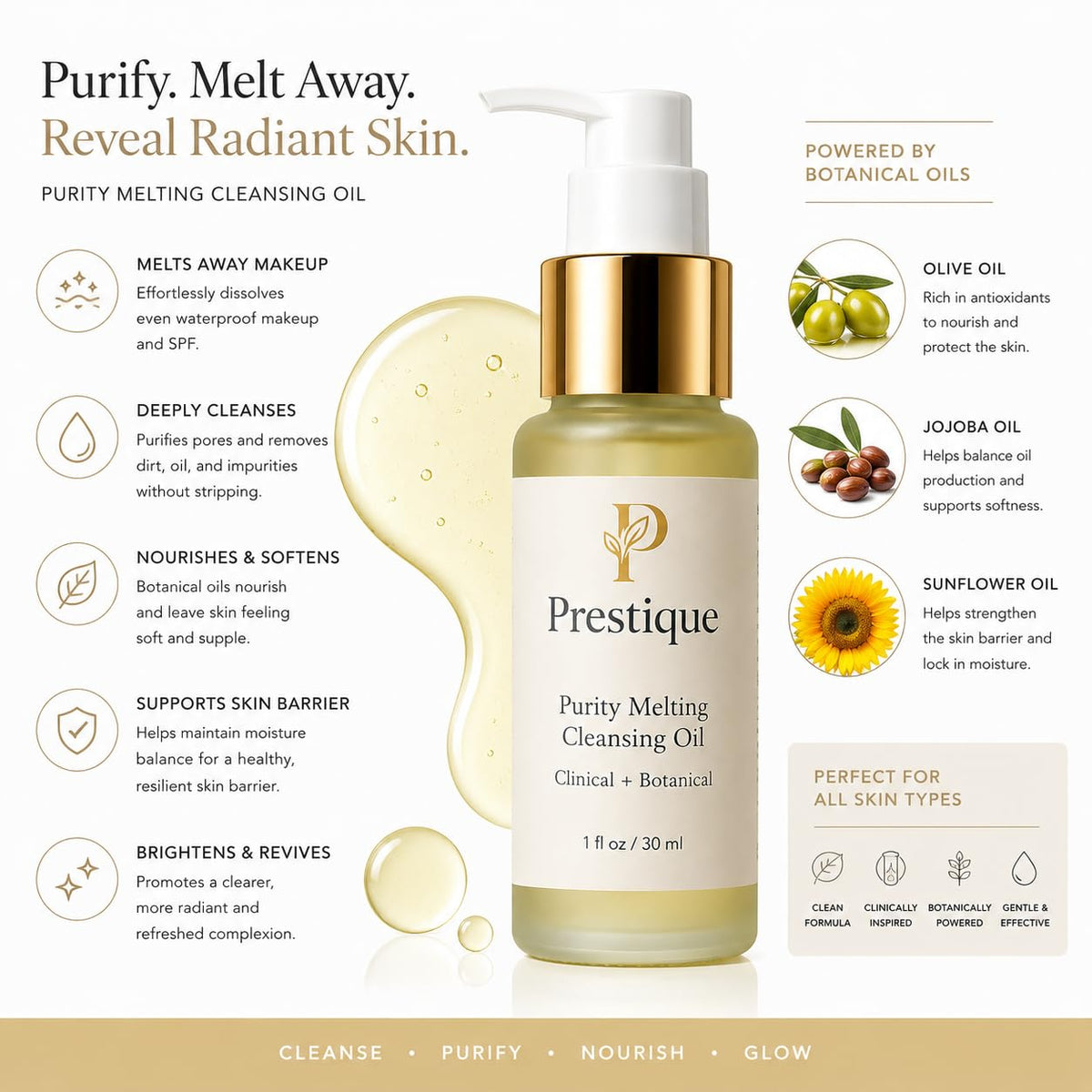 Prestique Purity Cleansing Oil, Makeup Remover Oil & Face Wash – Grape Seed, Sunflower, Rice Bran, Avocado Oils, Fragrance-Free – Removes Waterproof Cosmetics, Sunscreen & Pollutants – 1 fl oz