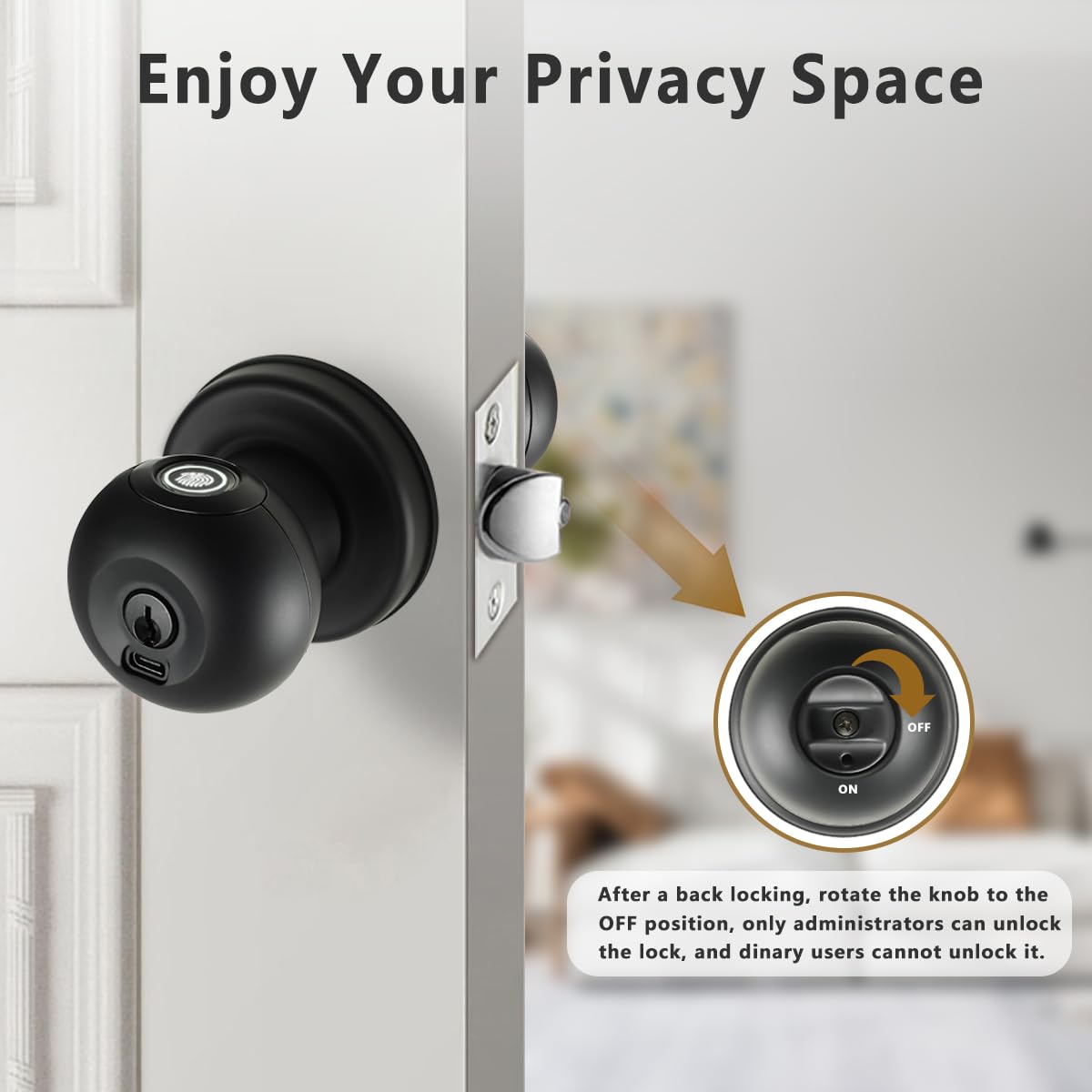 Buoan Fingerprint Door Knob, Smart Fingerprint Door Knob with Lock, Black