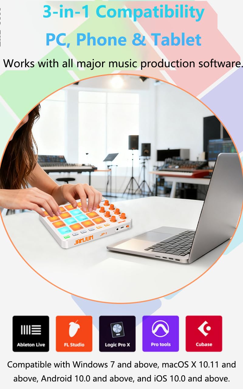Wireless MIDI Controller Pads, Bluetooth Portable USB with 16 Drum 8 Assignable Knobs & 6 Customizable Buttons, Wireless MIDI Beat Maker