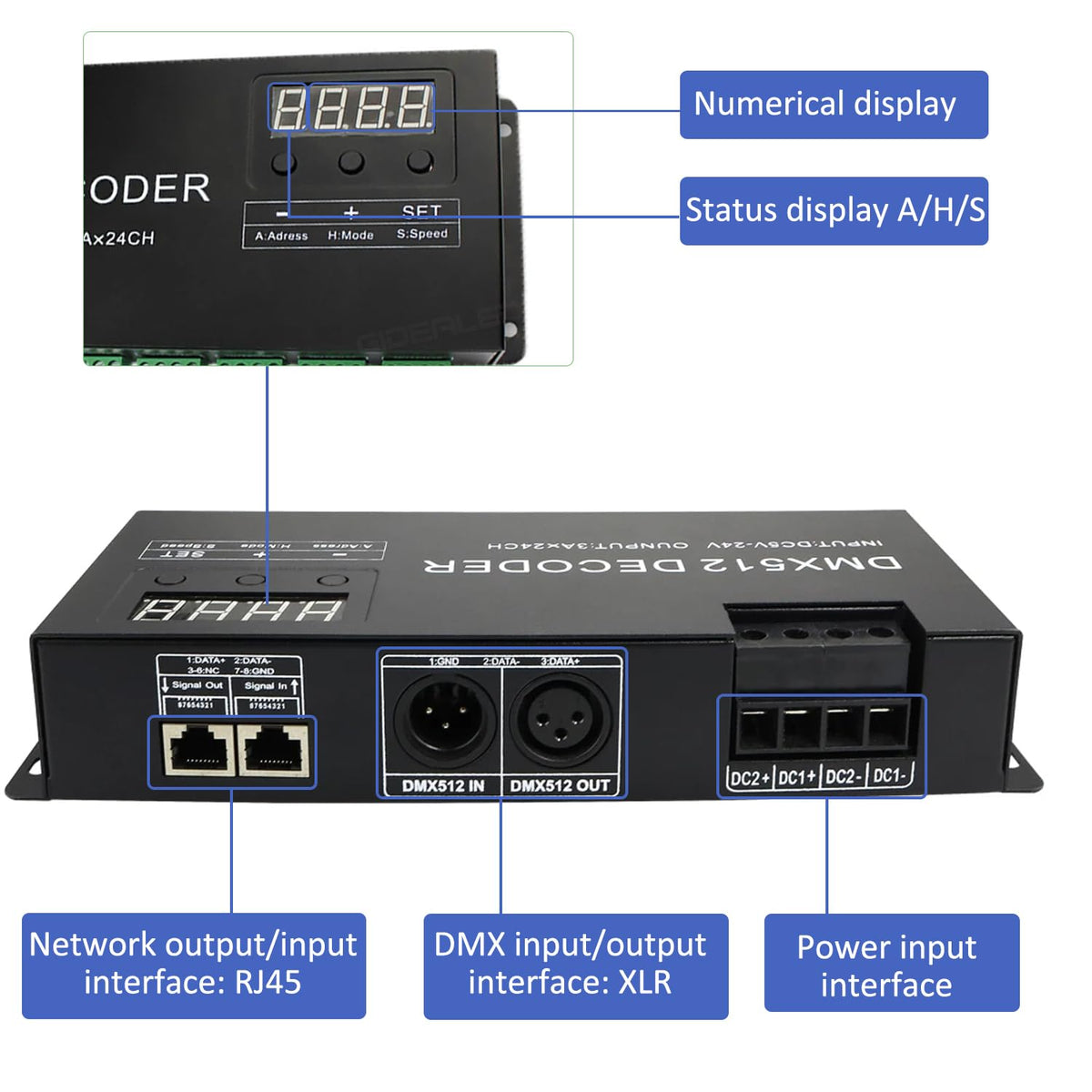 24 Channel DMX Decoder Controller with Digital Display, Dimming Driver DMX512 LED Controller for RGB Strip Light, DC5V-24V 3A/CH
