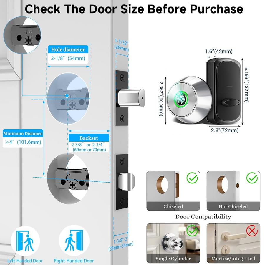 Fingerprint Keyless Entry Door Lock – Smart Deadbolt with App Control, 10-Month Battery Life, Easy Installation, Deadbolt Alternative, IP66 Waterproof, Includes 2 Backup Keys