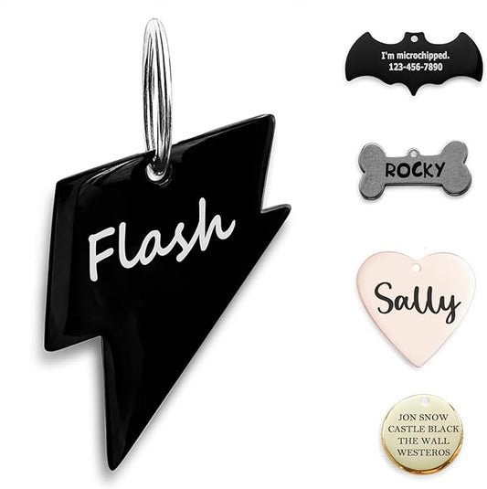 Premium 316 Surgical Grade Stainless Steel Personalized Dog & Cat ID Tags - Fun Shapes for Sporty Outdoor Pets - Custom Engraved Name & Info for Collar Accessories & Pet Necklaces Lighining