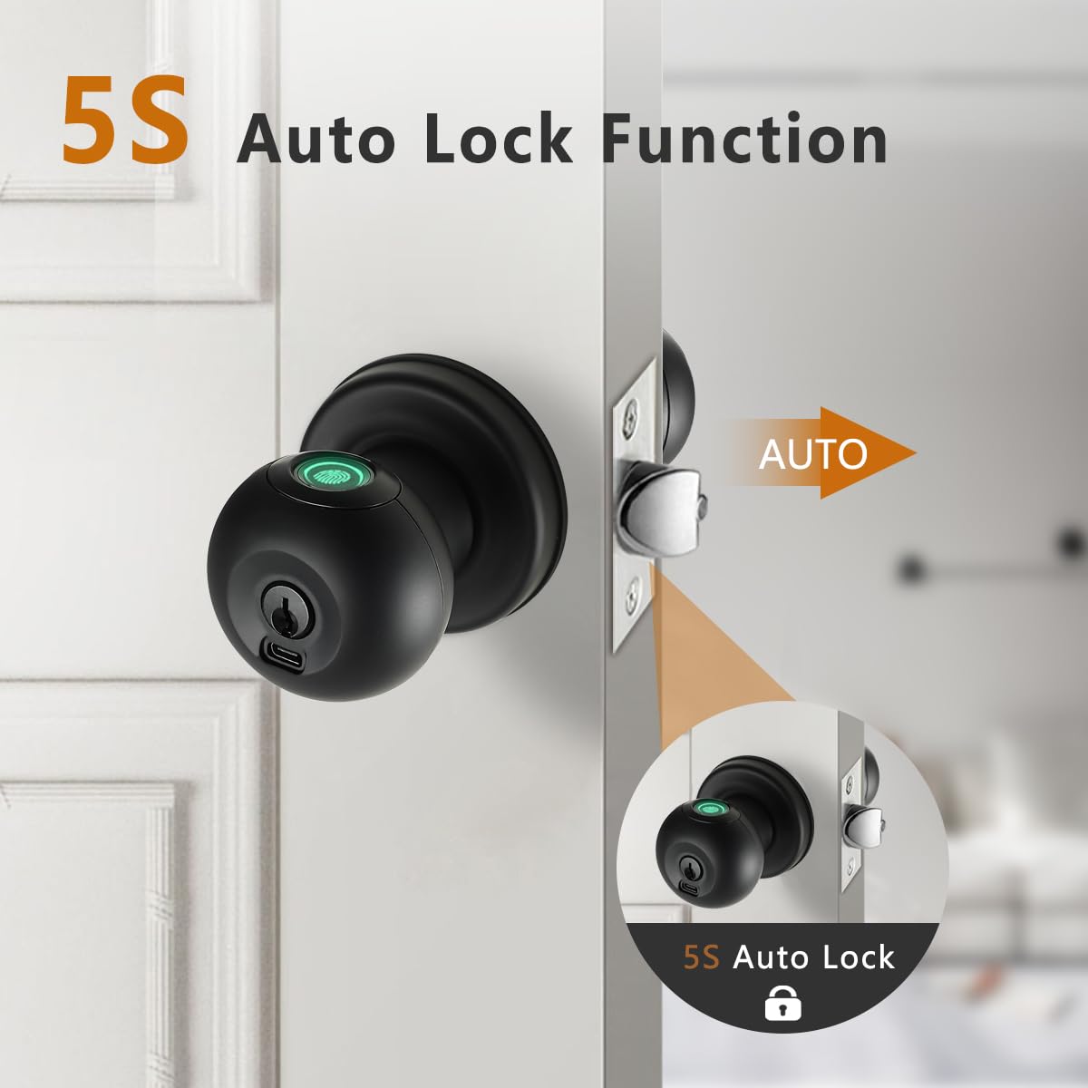 Buoan Fingerprint Door Knob, Smart Fingerprint Door Knob with Lock, Black