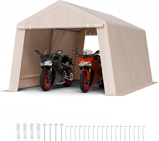 VEVOR Outdoor Storage Shed, 10 x 15 ft Portable Storage Tent with 2 Roll-up Doors & Vents, Waterproof Canopy Shed Shelter, Heavy Duty Frame, Patio Garage Carport for Motorcycle Lawn Mower, Beige
