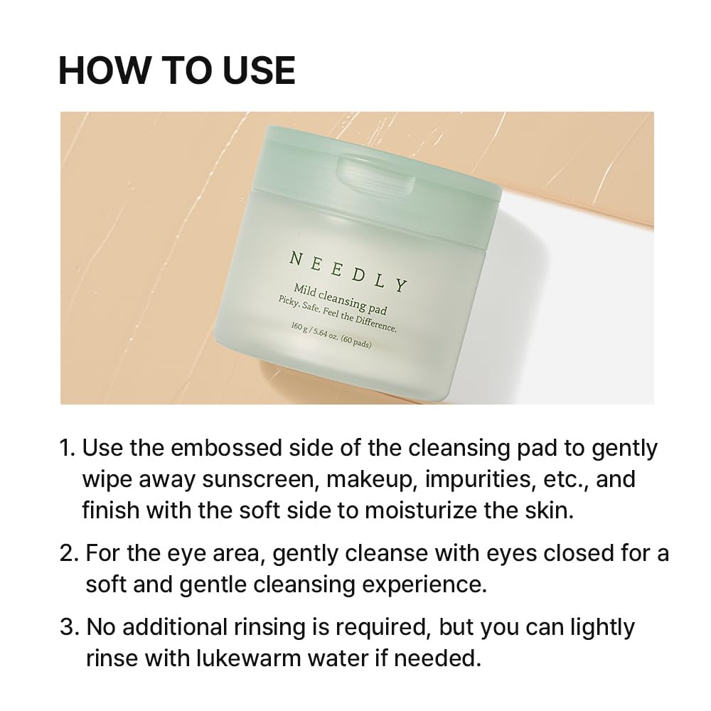 NEEDLY Mild Cleansing Pad, Makeup Remover for Sensitive Skin (60 Pads), Triple Deep Cleansing, Barrier Care with Only Two Surfactants & Panthenol, Extra-Large Soft Vegan Pad, Korean Skincare