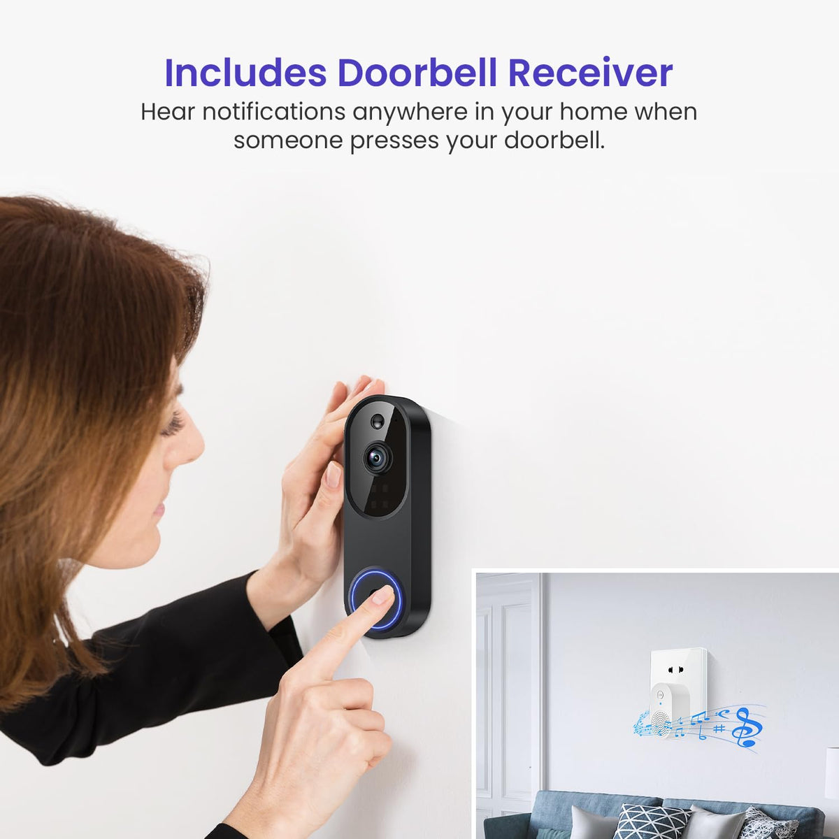 WarmBot 1080p Smart Wi-Fi Doorbell Camera with Doorbell Receiver, AI Motion Detection, Night Vision, Cloud Storage, 2 Way Audio, Battery Powered, 2.4GHz Wi-Fi Only