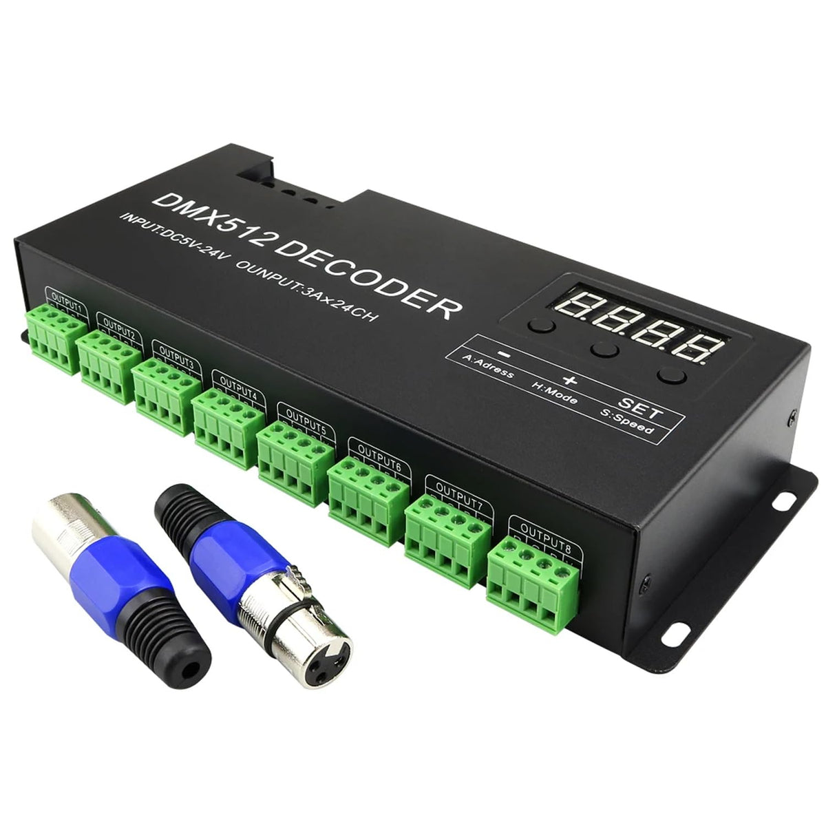 24 Channel DMX Decoder Controller with Digital Display, Dimming Driver DMX512 LED Controller for RGB Strip Light, DC5V-24V 3A/CH