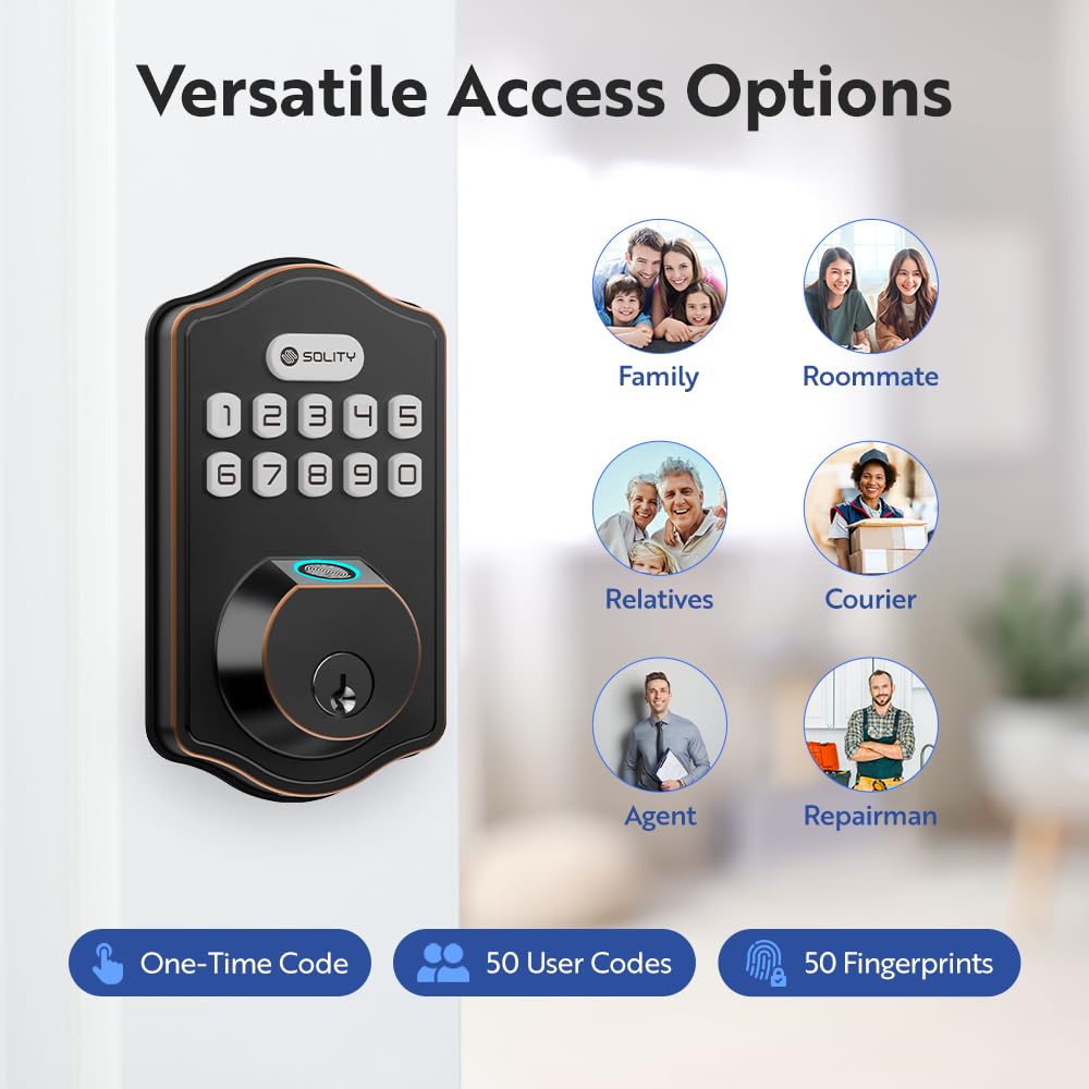 Solity Smart Digital Electronic Deadbolt Door Lock, Keyless Entry, Auto Lock, 50 Custom Codes & Fingerprints, Easy Installation, Keypad for Front & Back Door, AT10 (Oil Rubbed Bronze)